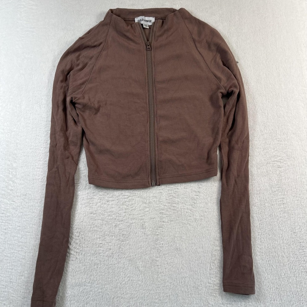 Gold Hinge Shirt Womens XS Brown Ribbed Full Zip Mock Neck Cropped Long Sleeve
